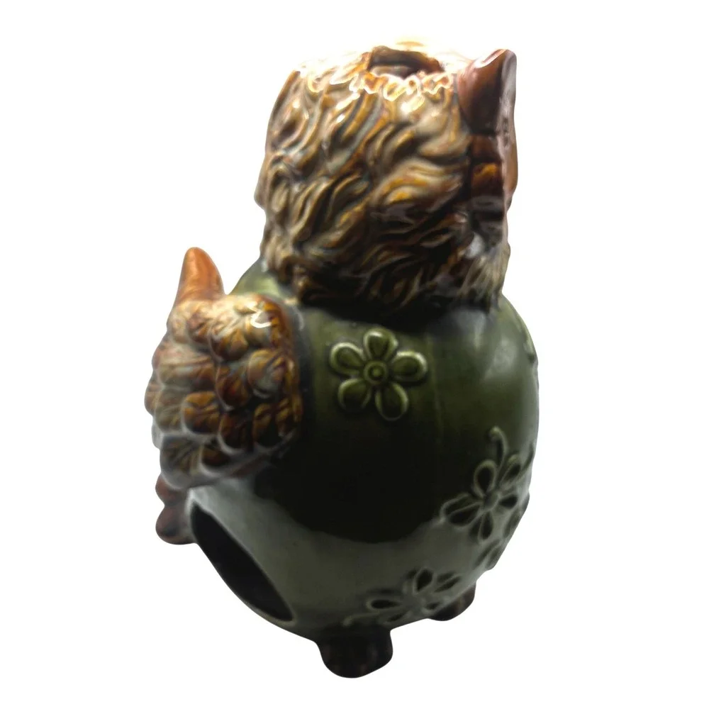 Vintage Owl Ceramic Candle Holder 9.5in Green Brown Butterfly Flower Luminary